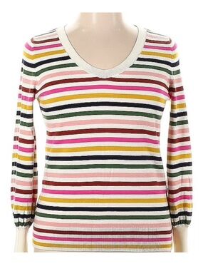 Boden Striped V-Neck Sweater in Cream, Pink, Yellow, Green & Navy